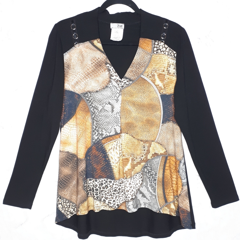 Zoe Patchwork Top Animal Print Black Long Sleeve M